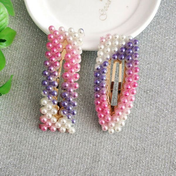 

2019 new women's girls rainbow pearl hair clips snap hairpin fashion pearl hair clip slide grips, Slivery;white