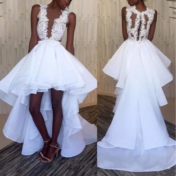 

high low wedding reception dresses gown jewel sheer neck applique lace ruffles organza short front long back bridal gowns, White