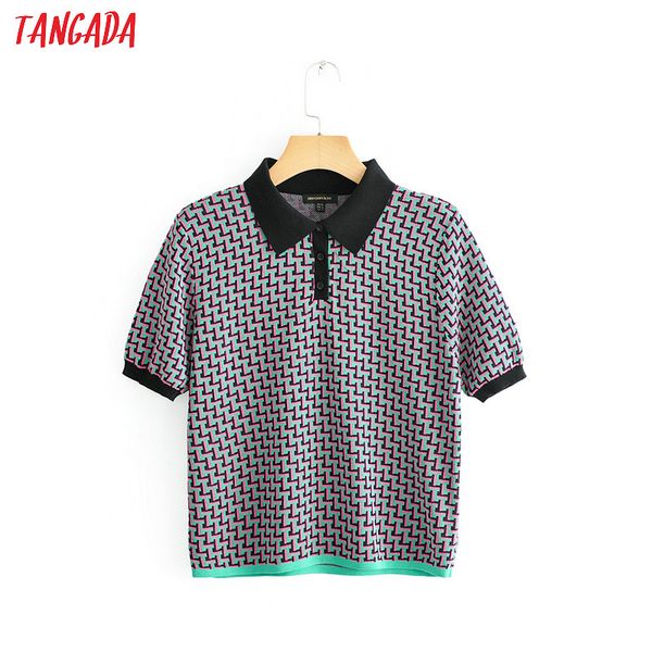 

tangada summer geometric sweaters pullovers fashion turn down collar sweater women short sleeve poullover jumper pull jn162, White;black