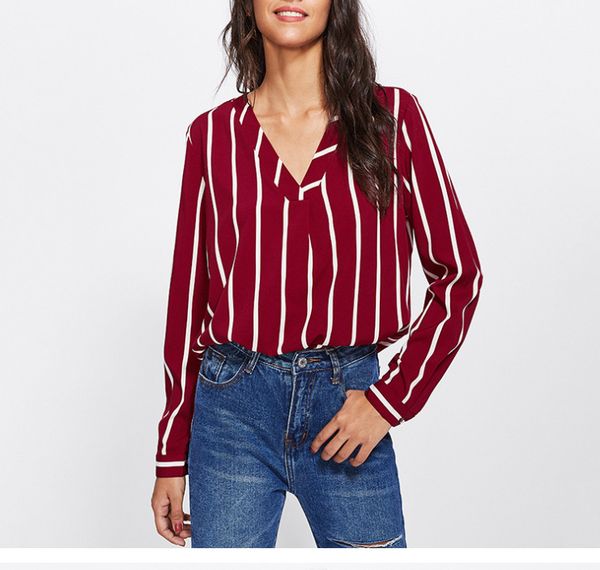 

2019new style women blouses shirt spring autumn fashion women's long sleeve shirt v-neck striped chiffon shirt blouse s  l xl red dark, White