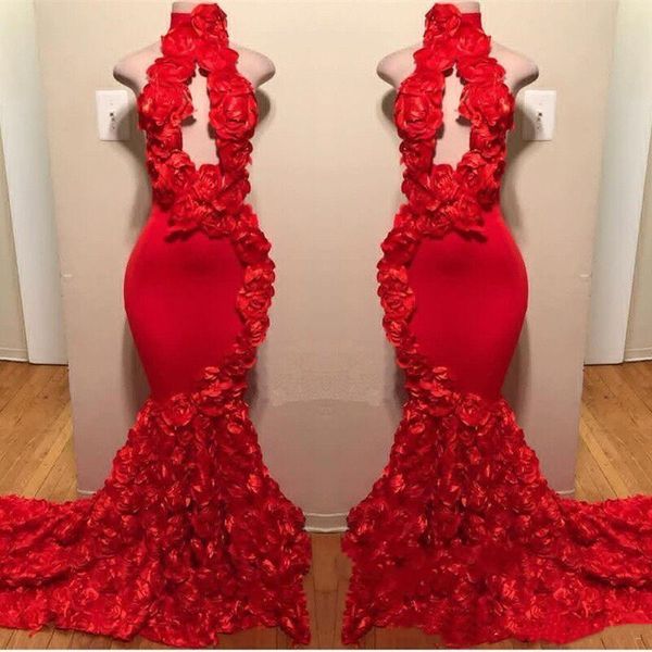 

red new design mermaid prom dresses appliques high neck formal evening dresses sweep train satin luxury fashion cocktail party gowns, Black;red