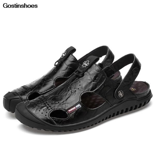 

mens sandles cow leather chappal for men casual anti slip closed toe soft sole sandles men sandal shoes summer, Black