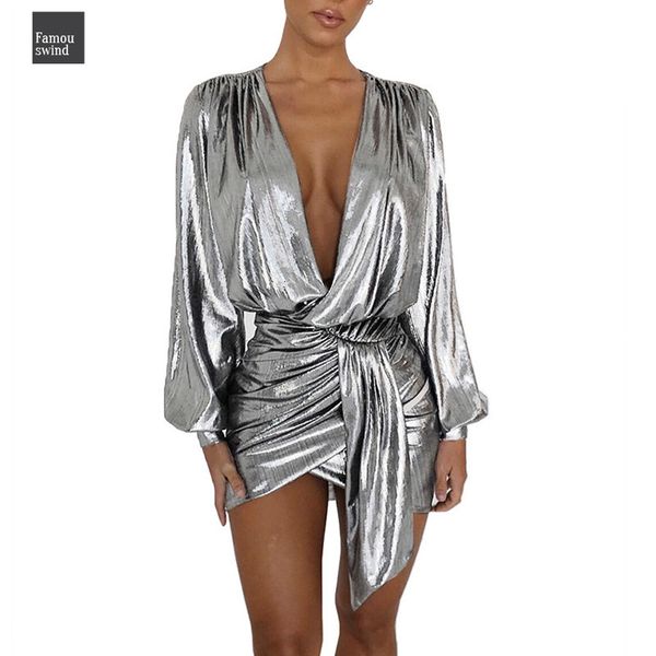 

dress silver long sleeve mini new women deep v neck ruched out asymmetrical clubwear metallic wrap solid club dresses, Black;gray