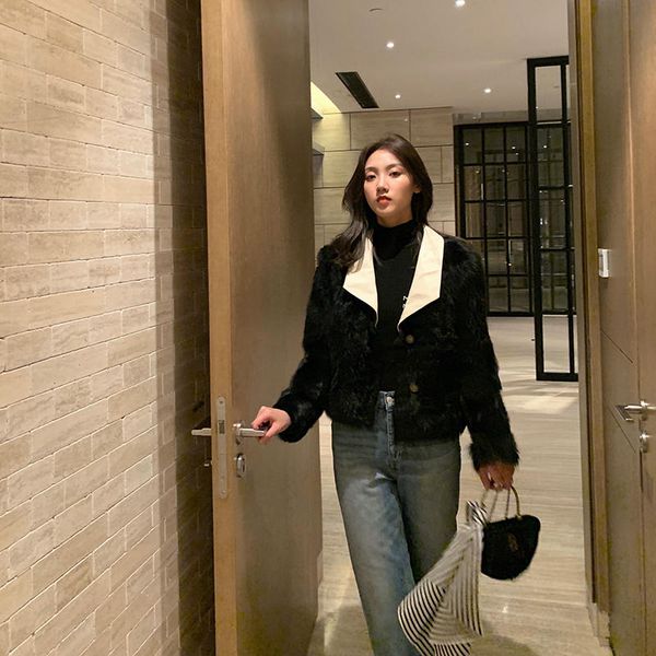 

arlenesain на заказ 2019 новый дизайн черного и белого цвета двух женщин барашек костюм воротник куртки, Black