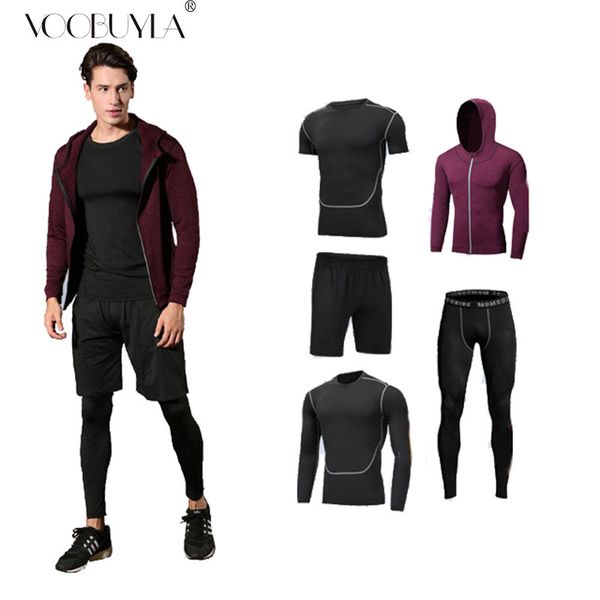 

voobuyla 2019 men 5pcs set mens sport suits quick dry basketball soccer training tracksuits fitness gym clothing running sets, Black;blue
