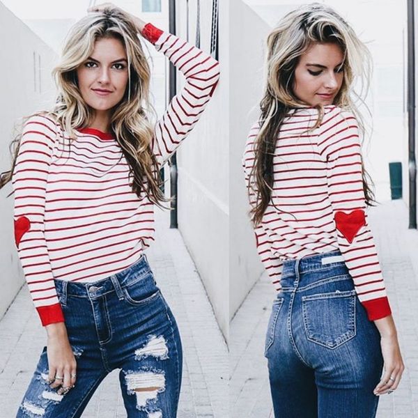 

fashion women red love striped tshirt o neck long sleeve base clothing shirts autumn girls ladies leisure patchwork bottoming t shirt, White