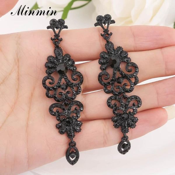 

minmin retro black rhinestone long chandelier drop earrings for women wedding bridal earrings fashion party jewelry eh948, Silver