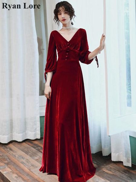 

burgundy velour evening dresses 2020 women party night formal long black prom dress elegant v-neck floor-length 3/4 sleeves gown, White;black