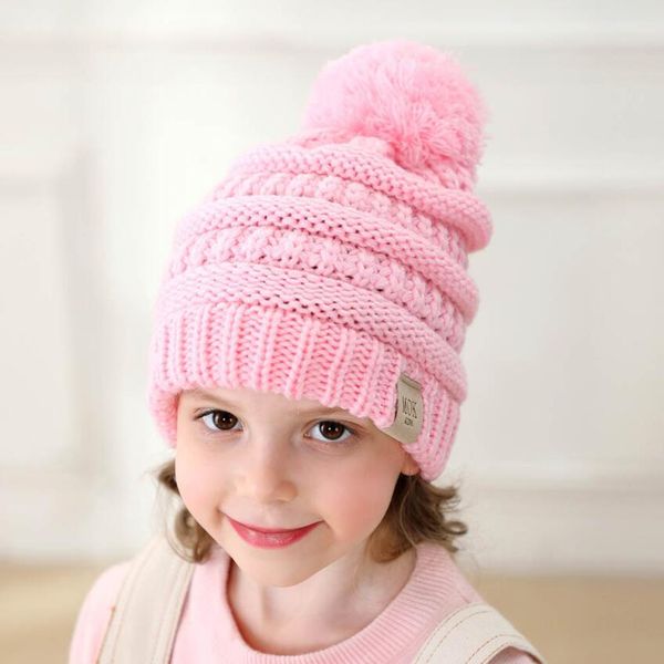 

autumn winter fashion kids pompom beanies baby knitted winter warm hats thick stretchy knit beanie cap bobble beanie hats 11 colors, Yellow