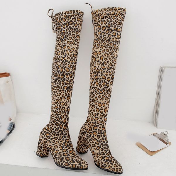 

winter boots women thick heel knee boots new fashion snow boot leopard long section winter keep warm ladies zapatos, Black
