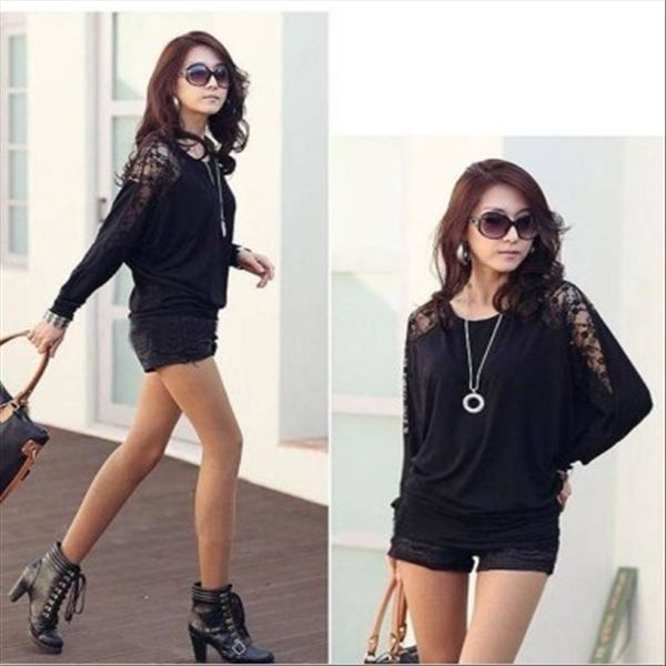 

summer and autumn clothes lace stitching bat clothing t- sleeve t-shirt women's loose large size long sleeve base shirt, White