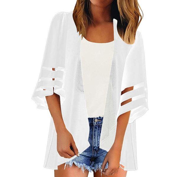 

ishowtienda 2019 women mesh panel 3/4 bell sleeve pure color chiffon casual loose kimono cardigan #3, Blue;gray