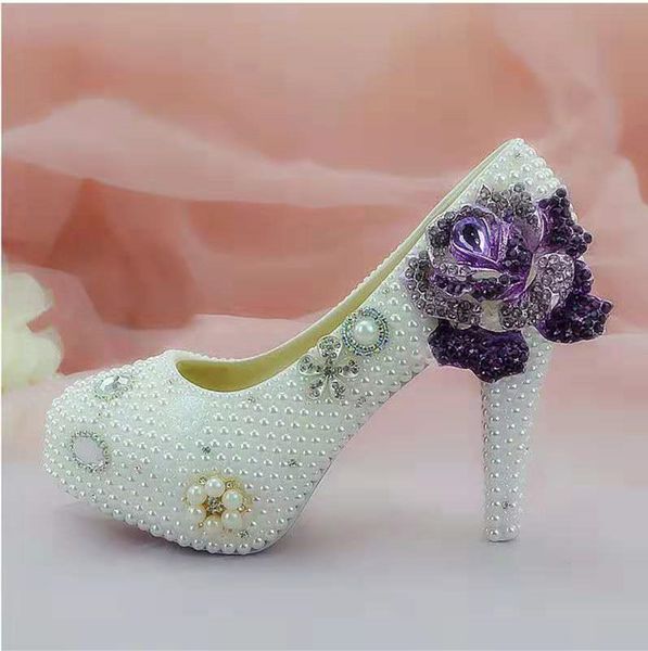 Sapatos de casamento pérolas flor de diamante Purple Rose Bombas Salto Alto Calçados nupcial 8cm 11 centímetros 14 centímetros Bling Bling Prom sapatos para senhora