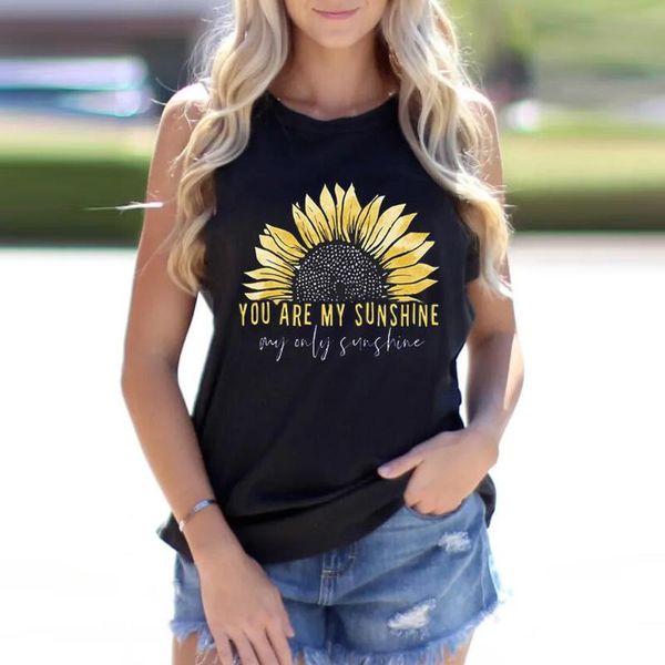 

38# casual female women 2020 summer new t-shirts women sunflower printing o-neck sleeveless shirt casual tank tunic blouse, White