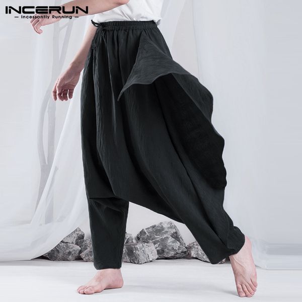 

incerun men harem pants streetwear elastic waist solid vintage trousers men drop crotch loose hip-hop irregular pants 5xl 2018, Black