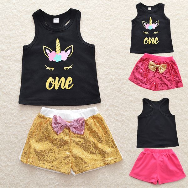 

2 colors summer girls vest+shorts 2 piece sets unicorn outfits sleeveless t-shirt sequins pants kids designer clothes girls dhl jy148, White