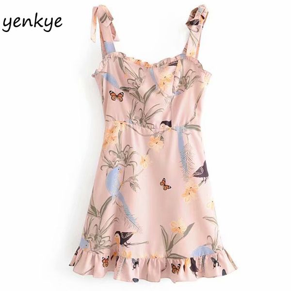 

sling summer dress 2019 women bow tie shoulder vintage print ruffle dress lady sleeveless boho beach a-line mini, Black;gray