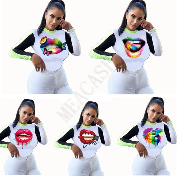 

plus size women fashion long sleeve t shirt trendy butterfly lips t-shirt patchwork color autumn winter sports casual s-3xl d8604, White