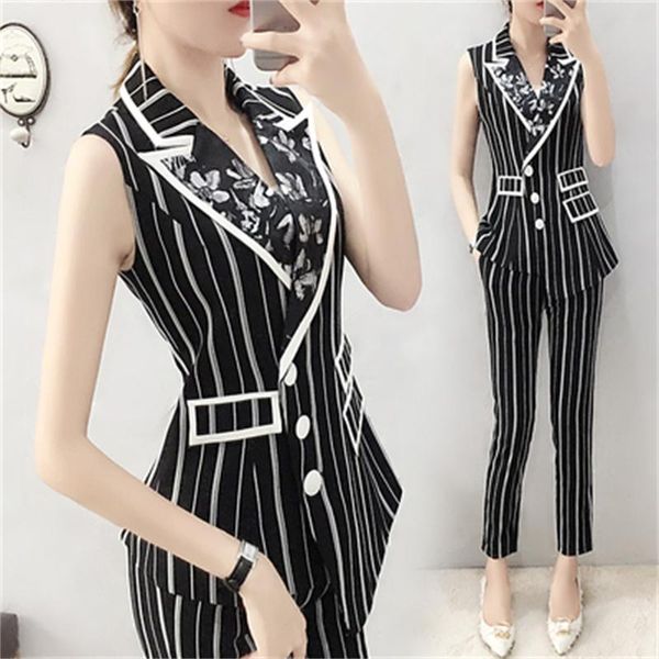 

fashion goddess vest suit female pants two sets of casual striped embroidery vest + pants suit female summer new style, White