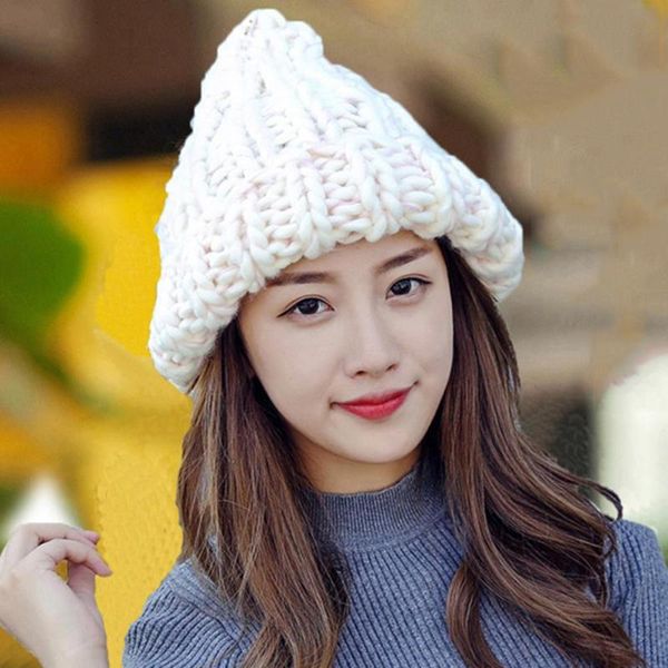 

women mixed color knitted beanie hat autumn winter thick warm crochet winter hat for girl 's knitted beanies cap female cap, Blue;gray