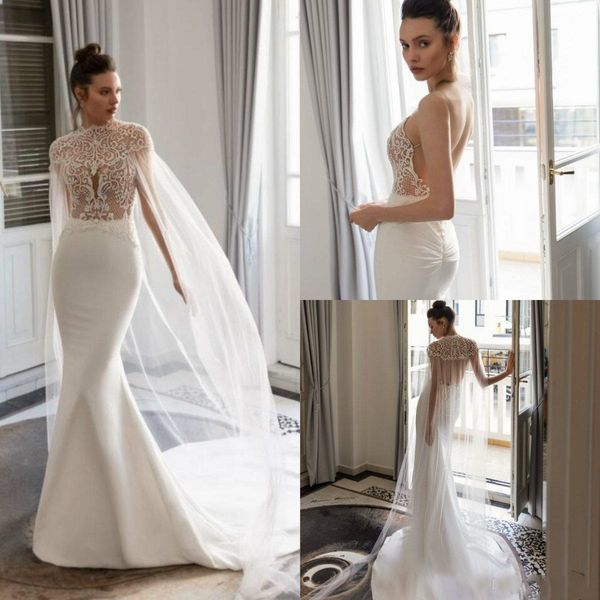 Abiti da sirena Julie Vino con mantella con cinturino per spaghetti Abiti da sposa con perline di pizzo Abito da sposa in raso da spiaggia senza schienale Vestido De Novia