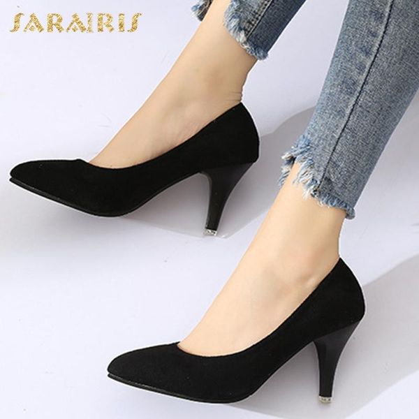 

sarairis 2020 new fashion flock spike high heels concise shoes women pumps pointed toe slip-on office lady pumps woman shoes, Black