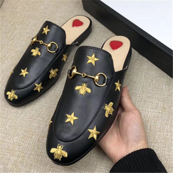 

classic designer metal buckled slippers soft cowhide loafer luxury leather cartoon half slippers fashion luxury ladies sandals slip on bee, Black