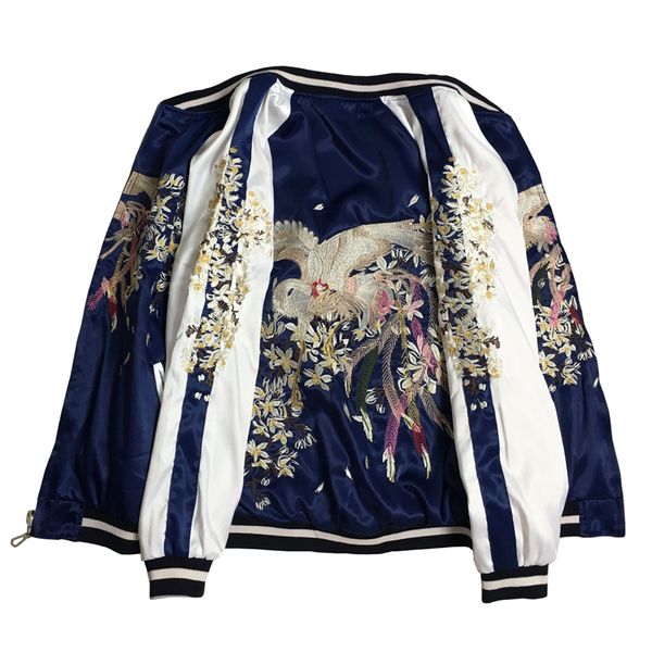

spring and autumn two-sided wear embroidered baseball jacket men women's clothes yokosuga phoenix silk satin bomber jacket coats, Black;brown