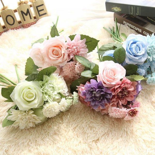 

artificial flowers bouquet silk rose dahlia flowers rose wedding decorative flower bride bouquets party wedding event decor 7 colors yw3937q