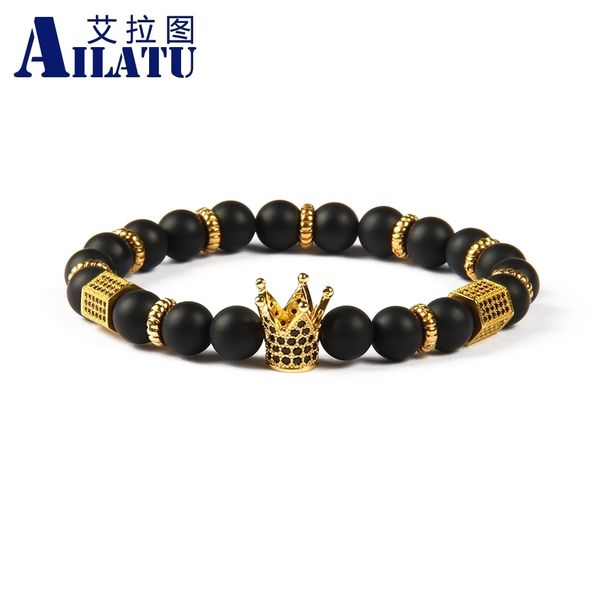 

ailatu powerful king coronation crown jewelry 8mm matte onyx stone with black cz sers bracelet for men's gift, Golden;silver