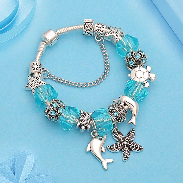 

attractto 2019 silver dolphin&starfish crystal bracelets&bangles for women blue beads bracelet charm handmade bracelet sbr190403