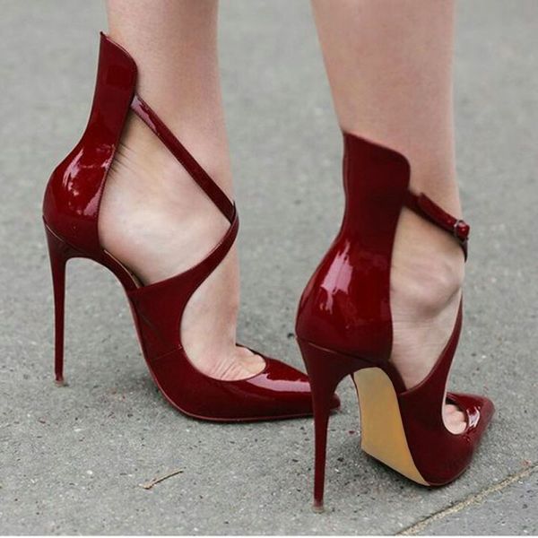 Vendita calda-Nuovo cinturino incrociato sandalo con tacco alto sandalo da donna décolleté in pelle verniciata sexy stiletto bordeaux scarpe da donna estive e primaverili taglia grande