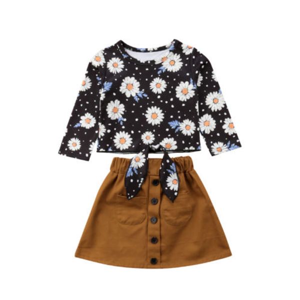 

Fashion Baby Girl Clothes Cotton Soft Sweet Children Kids Baby Girl Long Sleeve Daisy Flower Tops+Suede Skirt Outfit Clothes Set