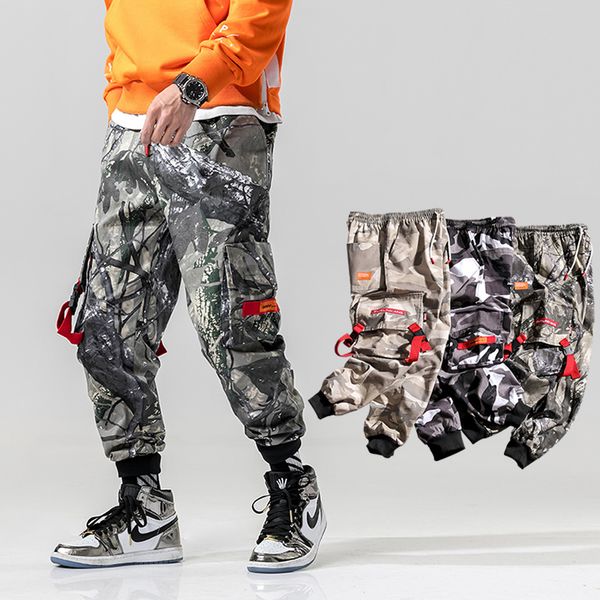 

camouflage men cargo pants multi-pockets mens pants elastic waist casual men pantalones hombres, Black