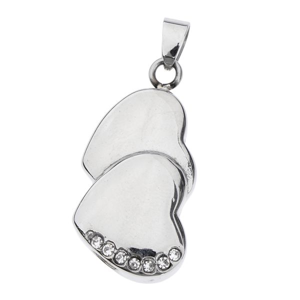 

stainless steel double heart rhinestone ash urn pendant memorial cremation, Silver