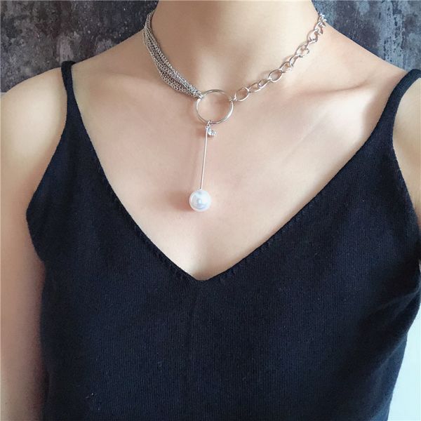 

hip hop imitation pearls pennant necklaces for women simple silver color metal thick chain big circle geometry necklace jewelry, Golden;silver