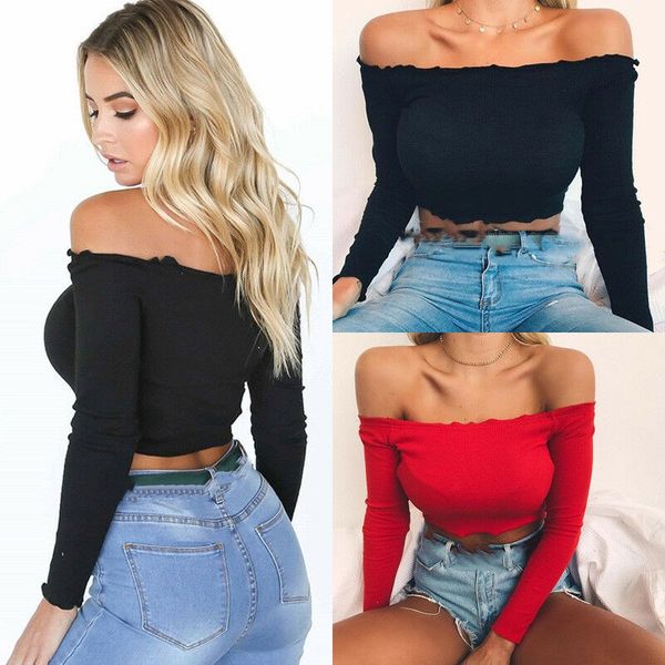 

new style women t-shirt off shoulder long sleeve solid sheath summer casual elastic casual solid t-shirt, White