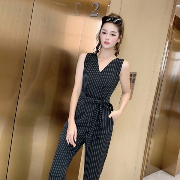 

women dresses light mature jumpsuit 2020 summer new waist straight pants lace backless striped jumpsuit women, Black;white