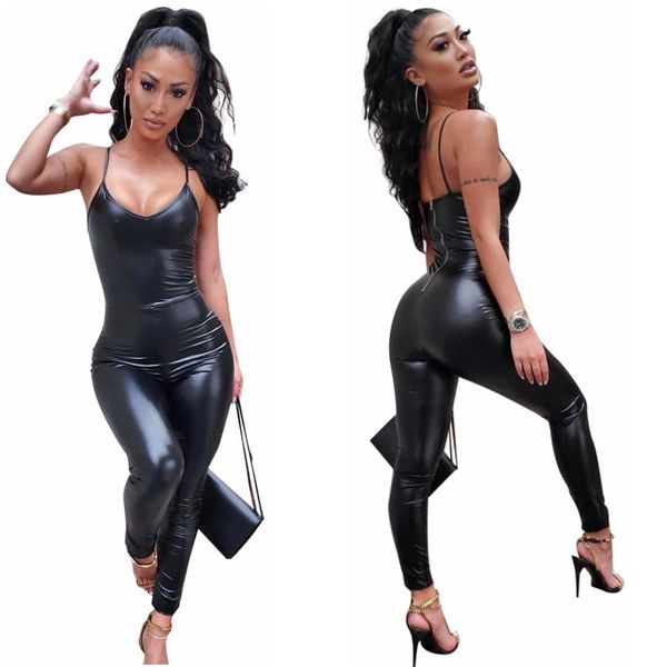 

new solid pu leather spaghetti rompers v neck zipper half backless skinn jumpsuits full length nightclub party pants 2020 hot, Black;white