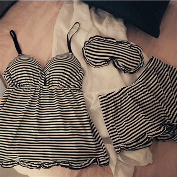 

wavmit 2018 new women pajamas suit home sleepwear shortless sleeve stripe pyjamas with chest pad girl short pajamas pant, Black;red
