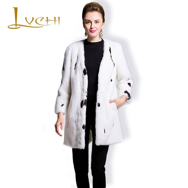 

lvchi бренд 2019 натуральная меховая женская куртка v-образным вырезом натуральная шуба для женщин полный мех длинное кожаное пальто горошек, Black