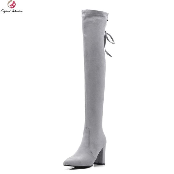 

original intention winter new over the knee high lace-up black gray boots woman pointed toe square chunky heels high heels