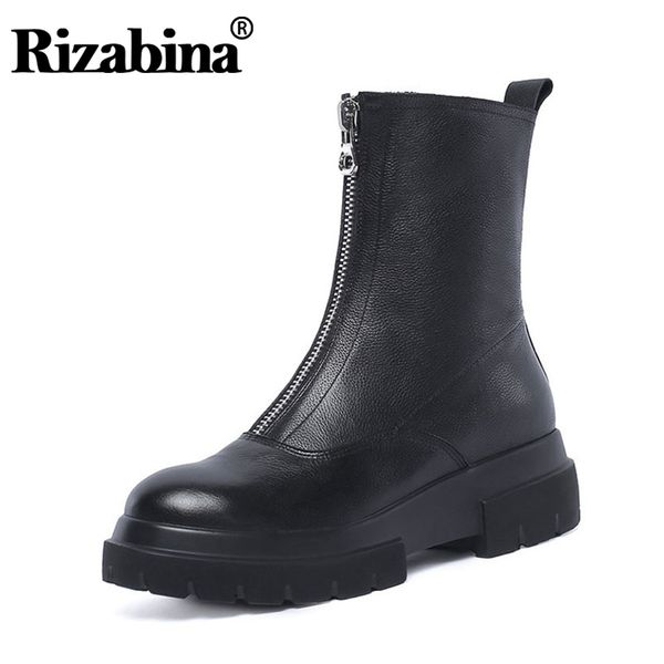 

rizabina women genuine leather boots black thick bottom fashion zipper winter shoes for women keep warm flats boots size 34-42