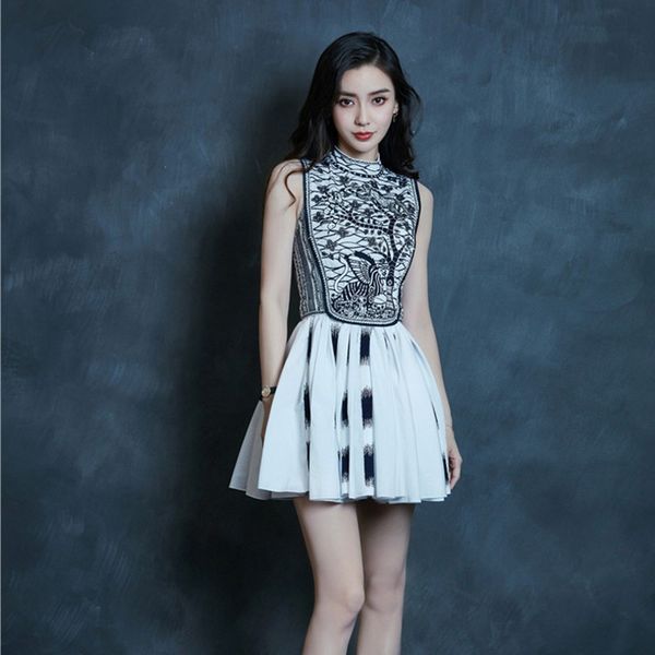 

2020 summer vintage embroidery animal pattern print women dress turtleneck sleeveless dew shoulder high waist mini dresses femal, Black;gray