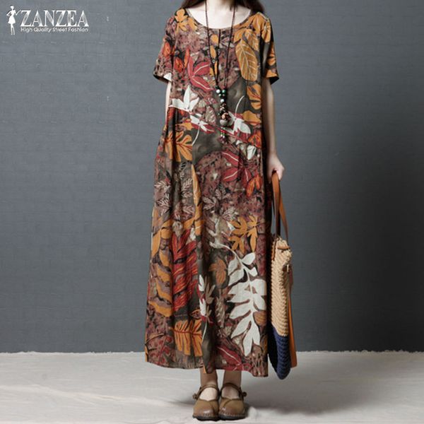 

plus size kaftan linen dress women's sundress 2019 zanzea vintage print maxi dress female short sleeve summer vestidos robe 5xl, Black;gray