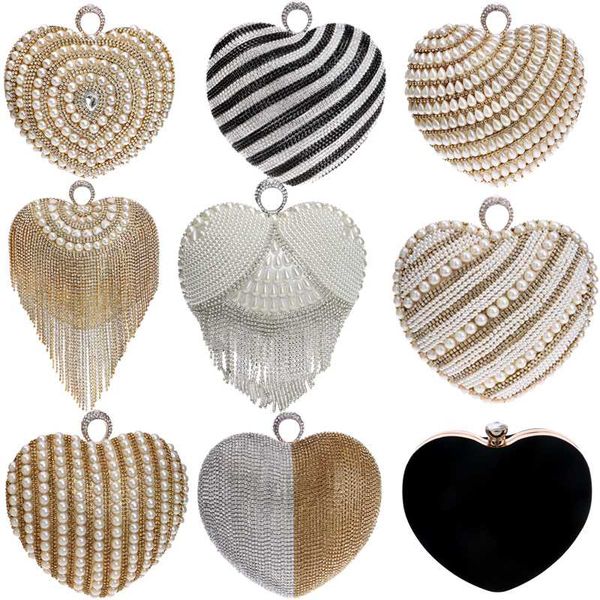 

gloig heart design women evening clutch small beaded rhinestones finger ring metal evening bags tassel diamonds party handbags