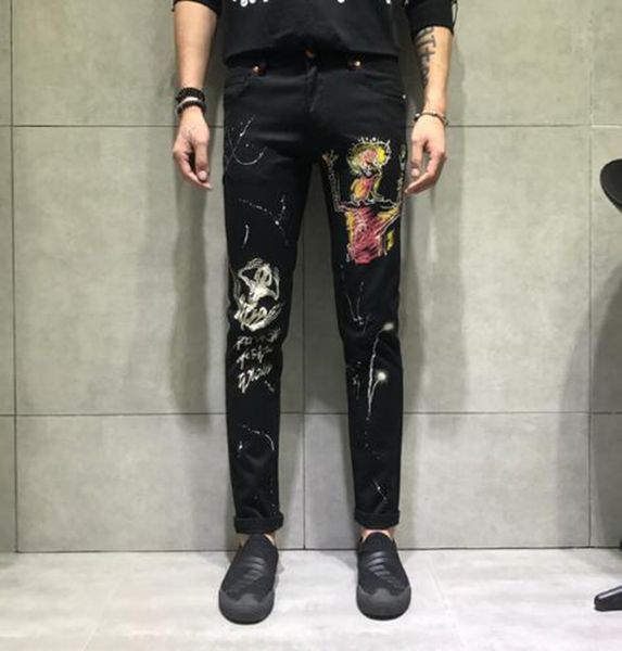 

men's europe the united states fashion han version of the new trend slimming personality painted patterns straight tube denim trousers, Blue