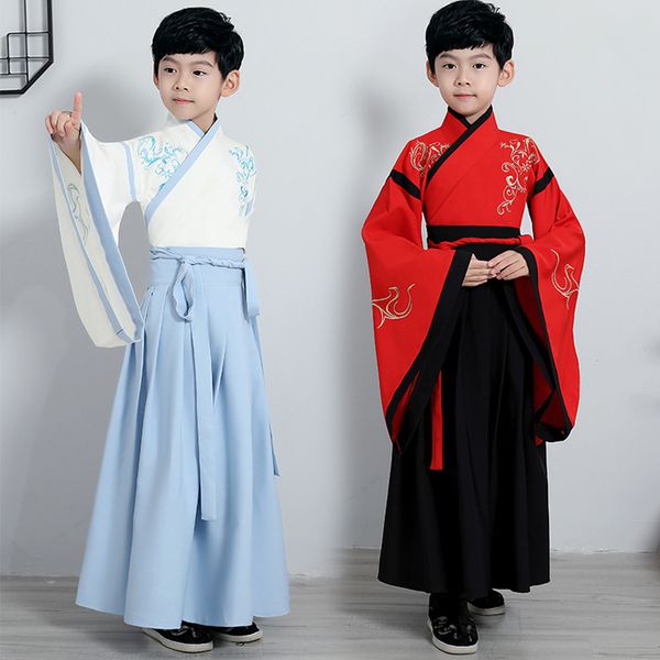 

hanfu dress ancient chinese traditional costume for kids boys hanfu folk dance clothing red tang dynasty wear children dn4933, Black;red