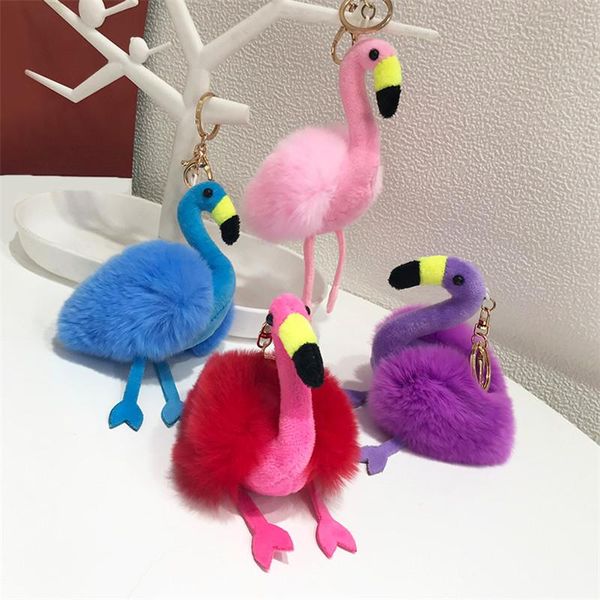 8 cm Sevimli Ponpon Anahtarlık Flamingo Anahtarlık Kabarık Gerçek Tavşan Kürk Topu Kadınlar Moda Çanta Anahtarlık Pompon Araç kolye hediyeler