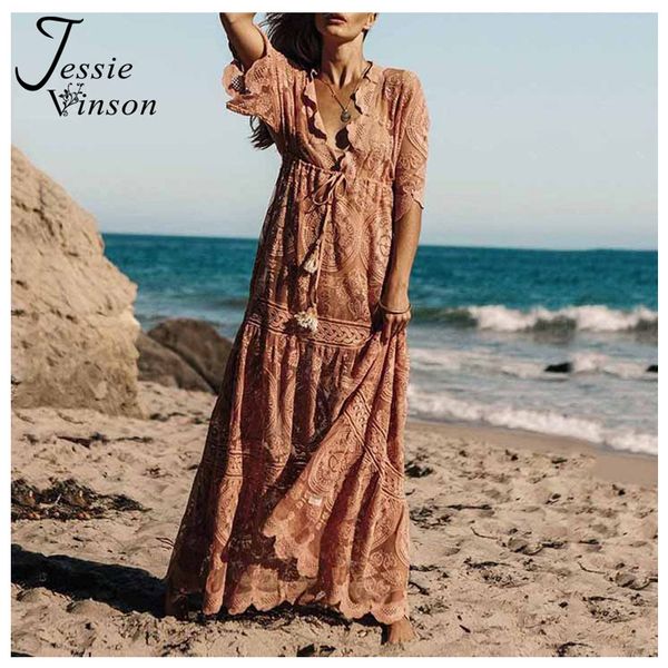 

jessie vinson v-neck half sleeve embroidery lace long maxi dress women plus size see through cover up dresses beach sun proof, Black;gray